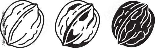 Walnut Icons, Black and White Vector Illustrations of Nuts, Healthy Food Graphics