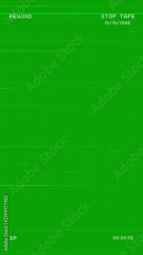 Green replacement screen features pixelated rewind, stop tape, timer worn VHS texture. chroma key composites, retro footage, camcorder scene recording, media playback, horror edit nostalgic project