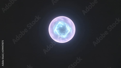 Cinematic video animation of a luminous blue plasma sphere with electric energy swirling inside against a deep black background.