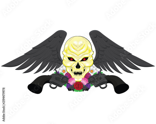 A vector design featuring a yellow skull with red eyes and two black wings, accompanied by two revolvers and red roses along with white or purple flowers underneath; it is frequently used for T-shirt 