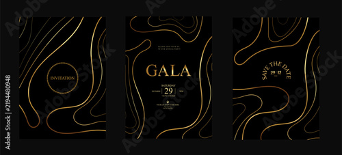 Gala Modern Invitation Poster Set with Golden Topographic Contour Lines and Organic Map Forms on a Deep Black Background for VIP Celebration, Wedding, Birthday and Elite Branding Vector Illustration