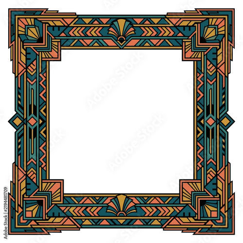 Art Deco-inspired decorative frame with geometric patterns and vibrant colors. Vector line art illustration. 