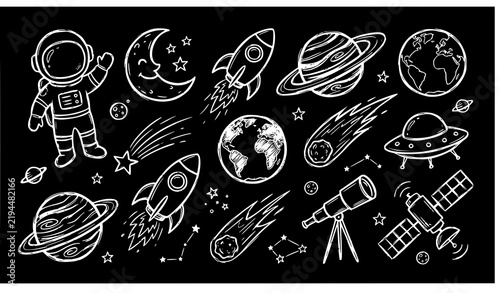 Space Objects Astronomy Sketch Set on Black Chalkboard Hand Drawn Vector