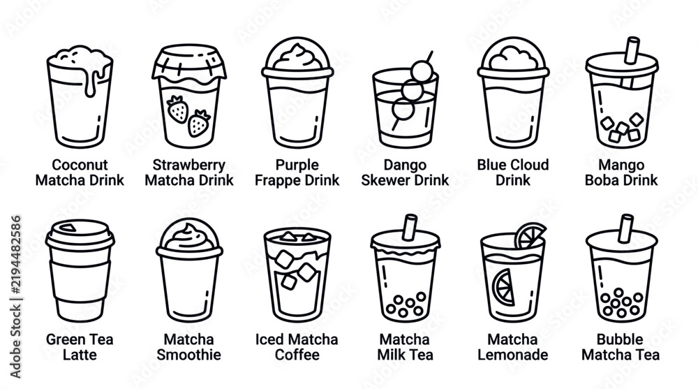 Obraz premium Collection of twelve diverse matcha drink icons in a clean, minimalist black outline style on a pure white background