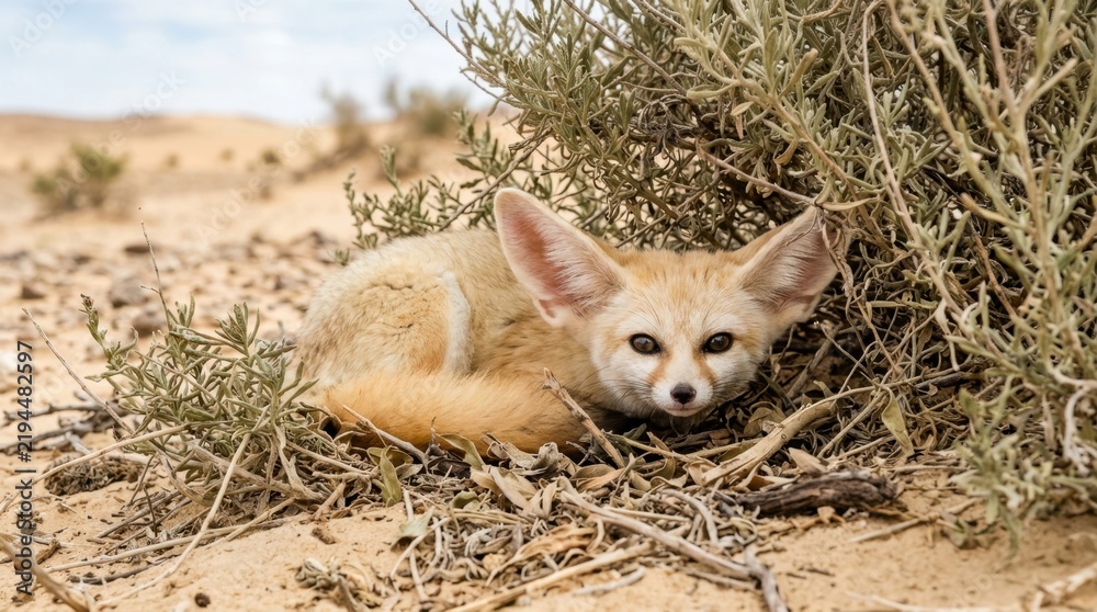 Obraz premium Fennec Fox in Desert Sands: A small fennec fox with large ears and sandy fur is nestled amongst desert shrubbery, its gaze alert and curious in the arid landscape.
