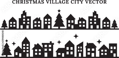 Christmas village city with houses and trees black silhouette for holiday winter greeting card border or banner.