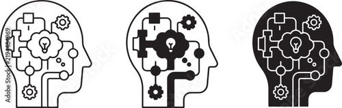 Artificial Intelligence Head Icons, Neural Network Brain Concepts, Technology Mind Schematics