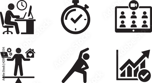 Work Life Balance Icons: Remote Work, Time Management, Video Conference, Health, Productivity, Business Growth
