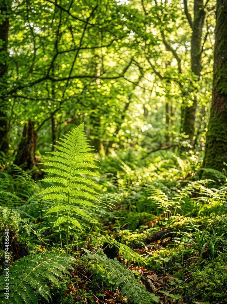 Fototapeta premium Gentle morning sunlight filters through a canopy of lush green trees, casting long shadows across the fern-covered forest floor, serene atmosphere, forest floor, untouched, dappled light
