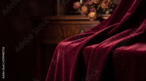 Macro shot of luxurious deep burgundy velvet fabric draped elegantly. Illuminated by a dim, warm light source, showcasing soft texture and rich shadows, dark romantic background, copy space for text