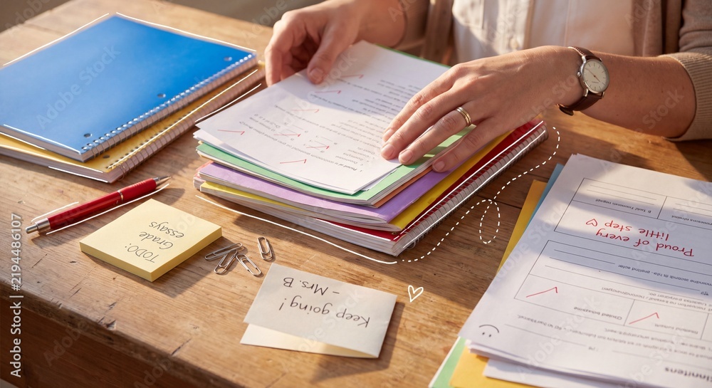 Obraz premium Teacher grading papers at wooden desk. Female hands organizing student worksheets, colorful notebooks, sticky notes, and paperclips. Educational assessment and school administration concept.
