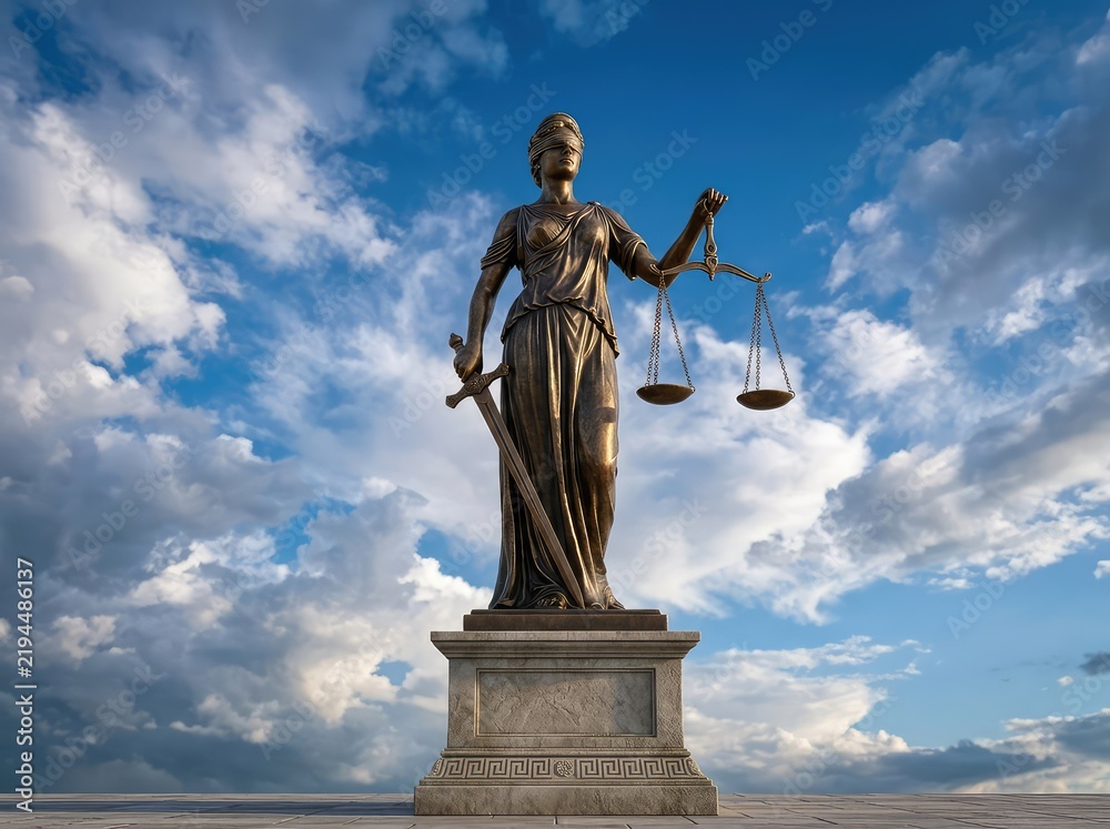 Obraz premium Statue of Lady Justice stands tall against a cloudy blue sky, holding a balance scale and sword, symbolizing impartiality, law, and justice, impartial, balance, iconic