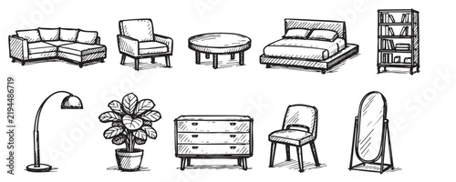 Various hand-drawn black and white furniture sketches including a sofa, armchair, bed, and bookshelf on a clean white background