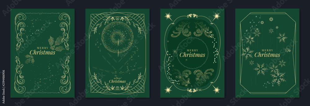 Obraz premium Merry Christmas and Happy New Year luxury vector card set with elegant gold line art, Christmas trees, gifts, ornaments and festive frames on dark green background.