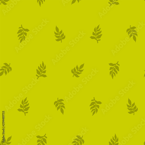Seamless botanical pattern with stylized olive-green leaf sprigs on a lime-yellow background. Suitable for textiles, wallpaper, wrapping paper, packaging, stationery, apparel, home decor and other