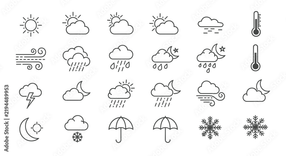 Obraz premium Comprehensive Vector Weather Icon Set for Climate Forecast and Meteorology App Interface Design