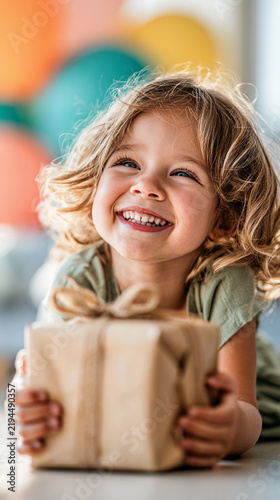 A happy girl is holding a beautifully wrapped gift against a bright, festive background.