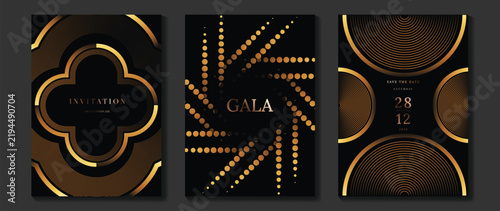 Luxury wedding invitation vector templates set. Black and gold elegant event cards with geometric lines, glowing dotted circles and modern gala poster designs