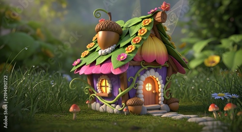 Miniature house made of leaves and acorns in grass