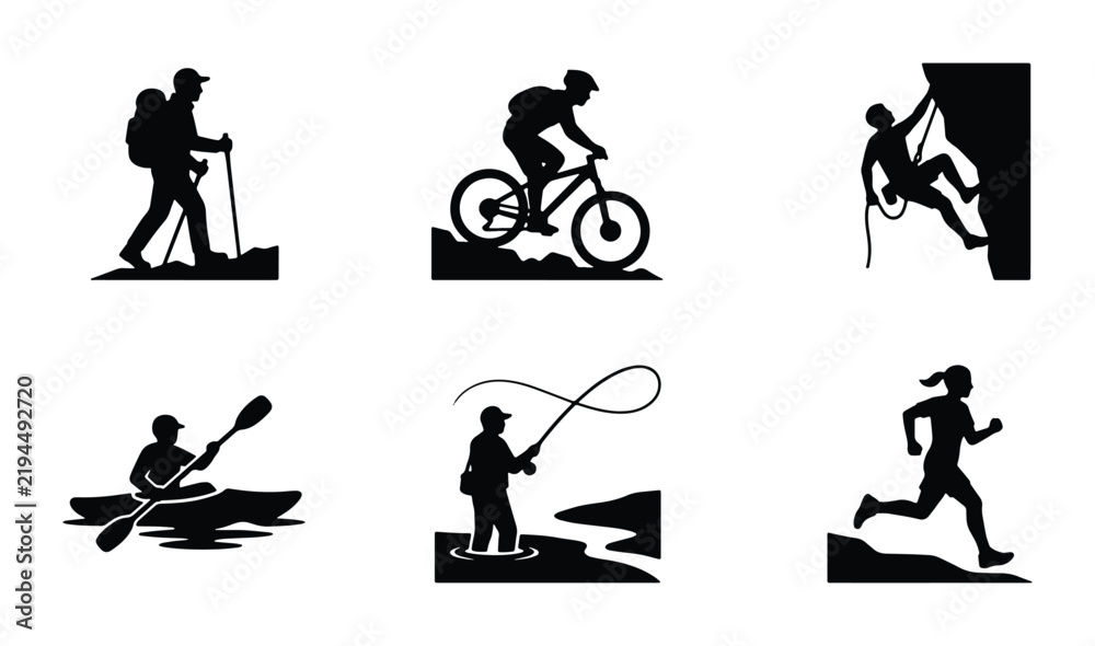 Fototapeta premium Outdoor Adventure Icons: Hiking, Biking, Climbing, Kayaking, Fishing, Running Vector Set