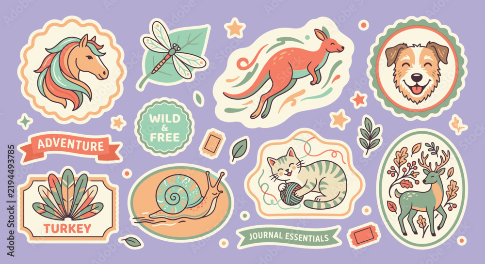 Obraz premium Hand-drawn vector sticker set with horse, kangaroo, dog, cat, and deer animals in pastel colors on lavender background for planner journaling, scrapbooking, and digital crafts.