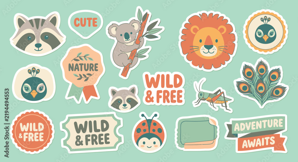 Fototapeta premium Adorable vector sticker pack collection featuring cute hand-drawn animals like lion, koala, raccoon, peacock, and ladybug with decorative badges, labels, and typography on mint background.