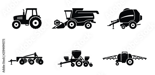 Bild auf Leinwand Farm Equipment Icons: Tractor, Combine Harvester, Baler, Plow, Seeder, Sprayer S