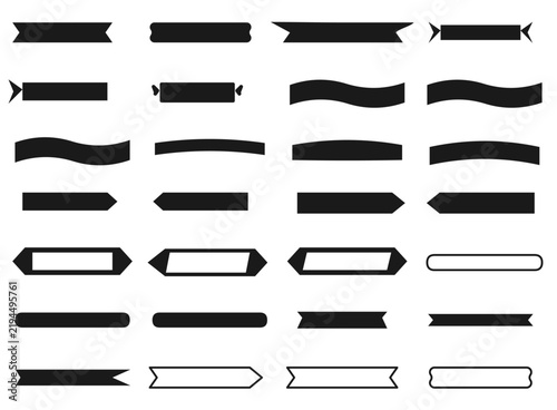 Black banner ribbon vector set. Includes curved, straight, and arrow shapes for text placement. Clean flat design for web headers, labels, and graphic design decoration.