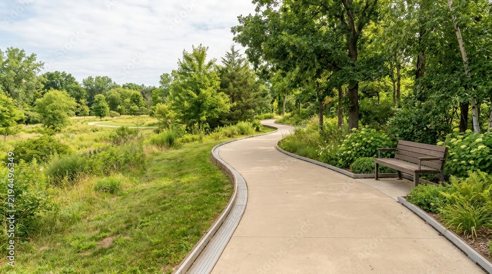 Obraz premium Accessible paved park pathway with gentle slope and safety edges. Universal design walking trail in green summer landscape