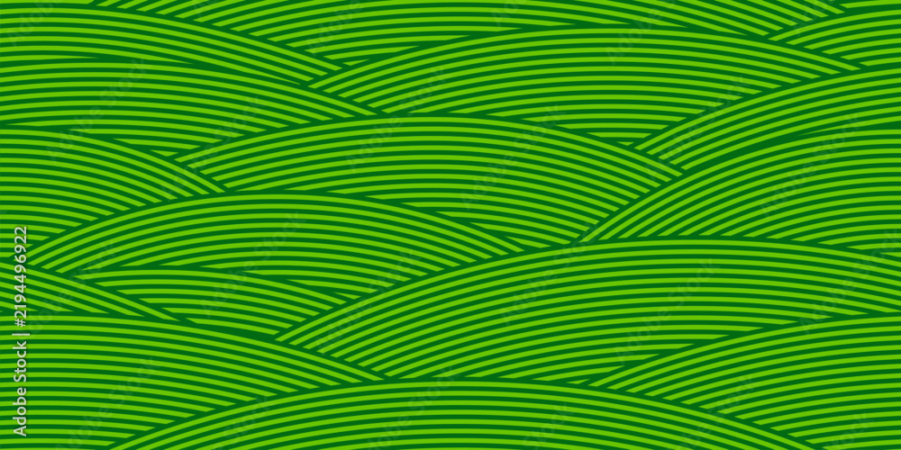 Obraz premium Agriculture arable wavy farm field seamless pattern of green arable farmland background. Wavy farm pattern of plantation bg with green wave lines of grass or rice field hills and grassland plants
