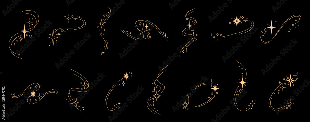 Obraz premium Golden star sparkles and twinkling bursts trace, swirling magic celestial shimmer glow. Starburst flash icons, gold glint and wink effect. Night sky light and shooting star symbols and silhouettes