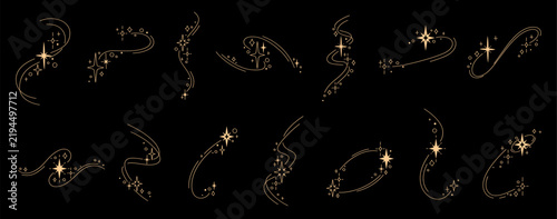 Golden star sparkles and twinkling bursts trace, swirling magic celestial shimmer glow. Starburst flash icons, gold glint and wink effect. Night sky light and shooting star symbols and silhouettes