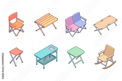 Isometric collection of portable camping furniture including chairs tables and folding cots