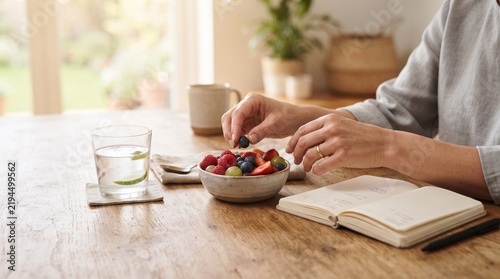 Healthy morning routine with fresh fruit bowl, woman eating berries while journaling at wooden table, bright airy breakfast scene with water and notebook