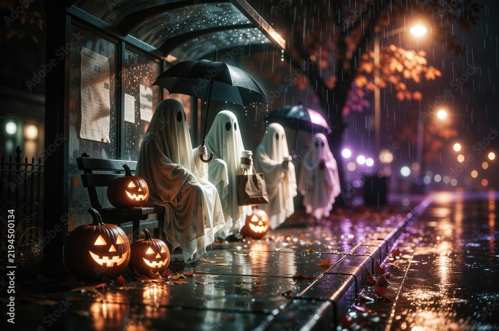 Fototapeta premium A group of ghostly, white-robed figures standing under a wet, awning-covered station or shelter on a rain-slicked platform, Halloween scene