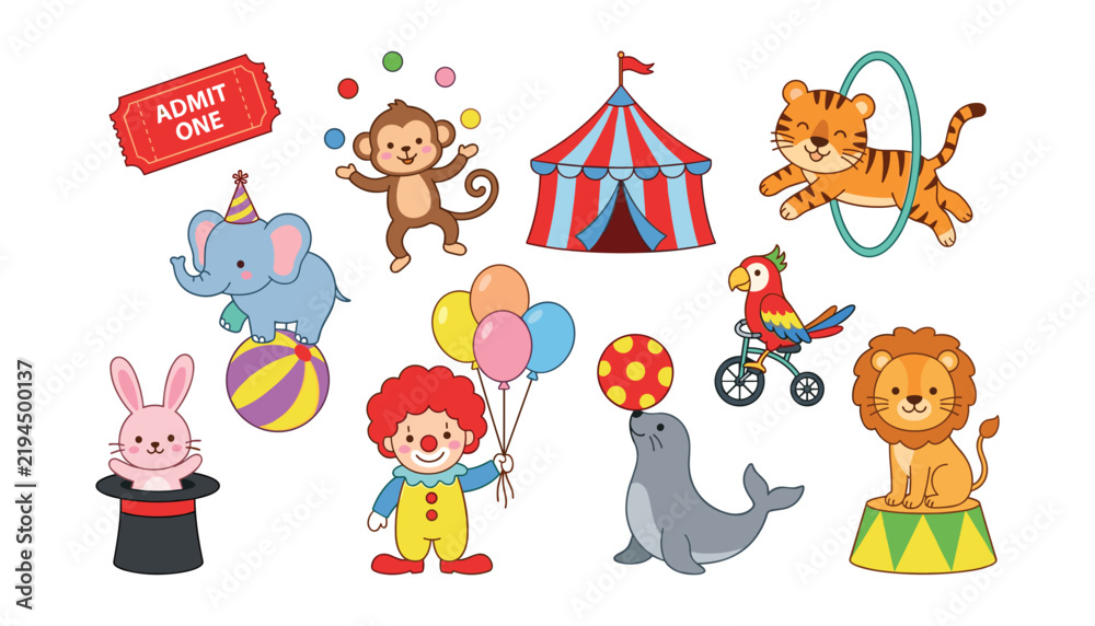 Fototapeta premium Cute circus animal vector collection with clown tent ticket lion tiger elephant monkey and carnival elements for party design