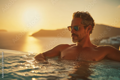 Handsome Shirtless Man Relaxing By Infinity Pool At Sunset Looking At Ocean