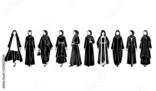 Картината върху платно Contemporary and Traditional Muslim Women Abaya Hijab Black Silhouette Vector Se