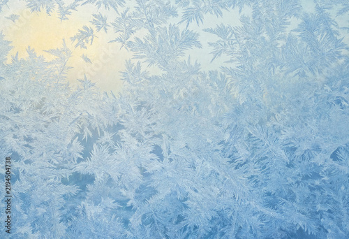 Frosted glass surface displaying intricate ice crystal patterns in diffused natural light
