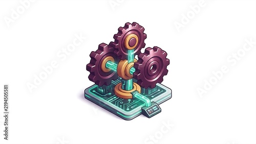 Automation Engine with Interlocking Gears and Neural Circuitry 3D Isometric Icon Isolated on White Background