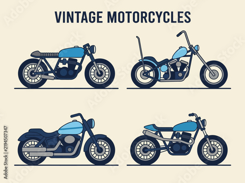 Fotografie Set of Vintage Motorcycle Vector Icons - Cafe Racer, Chopper, Cruiser and Scramb