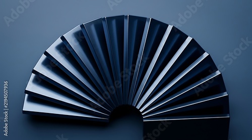 Abstract dark blue metal geometric structure arranged in a semicircular fan shape