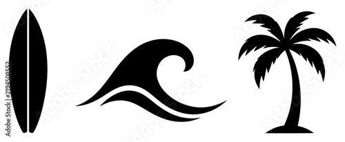 Photography Surfboard ocean wave and palm tree tropical icons in flat vector style