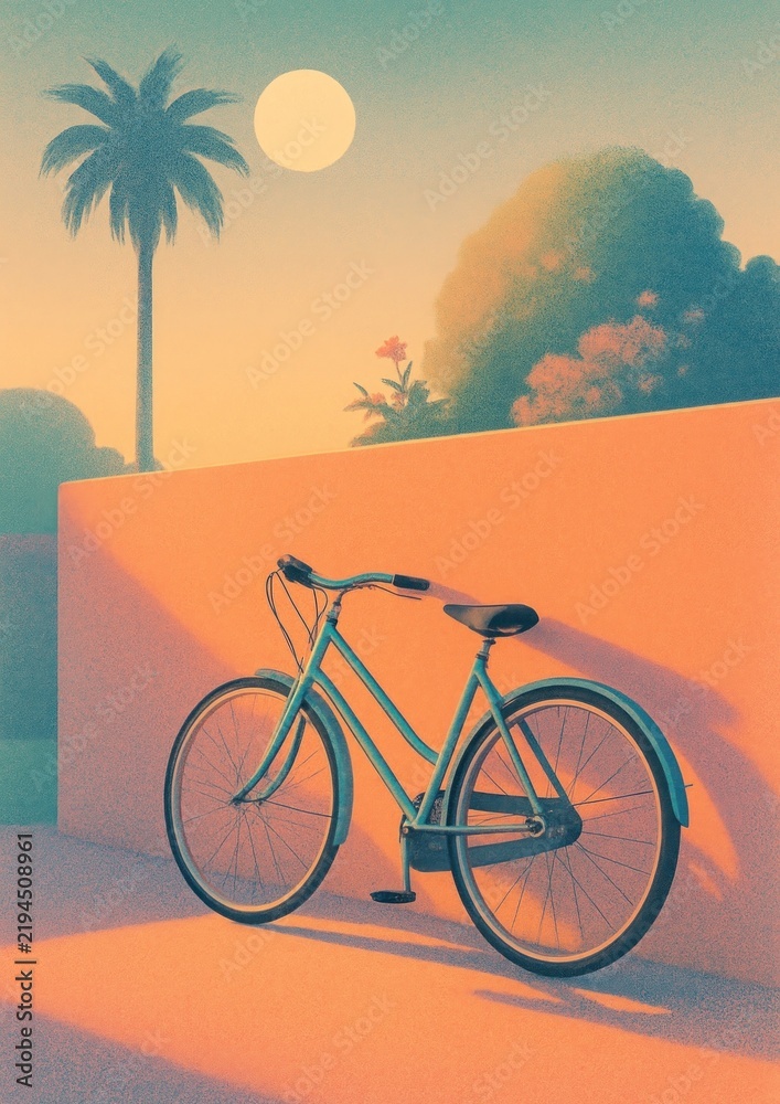 Obraz premium Vintage bicycle under tropical sunset.