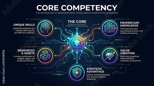 Core competency business infographic, strategic advantage and unique skills diagram, organizational excellence and proprietary knowledge concept