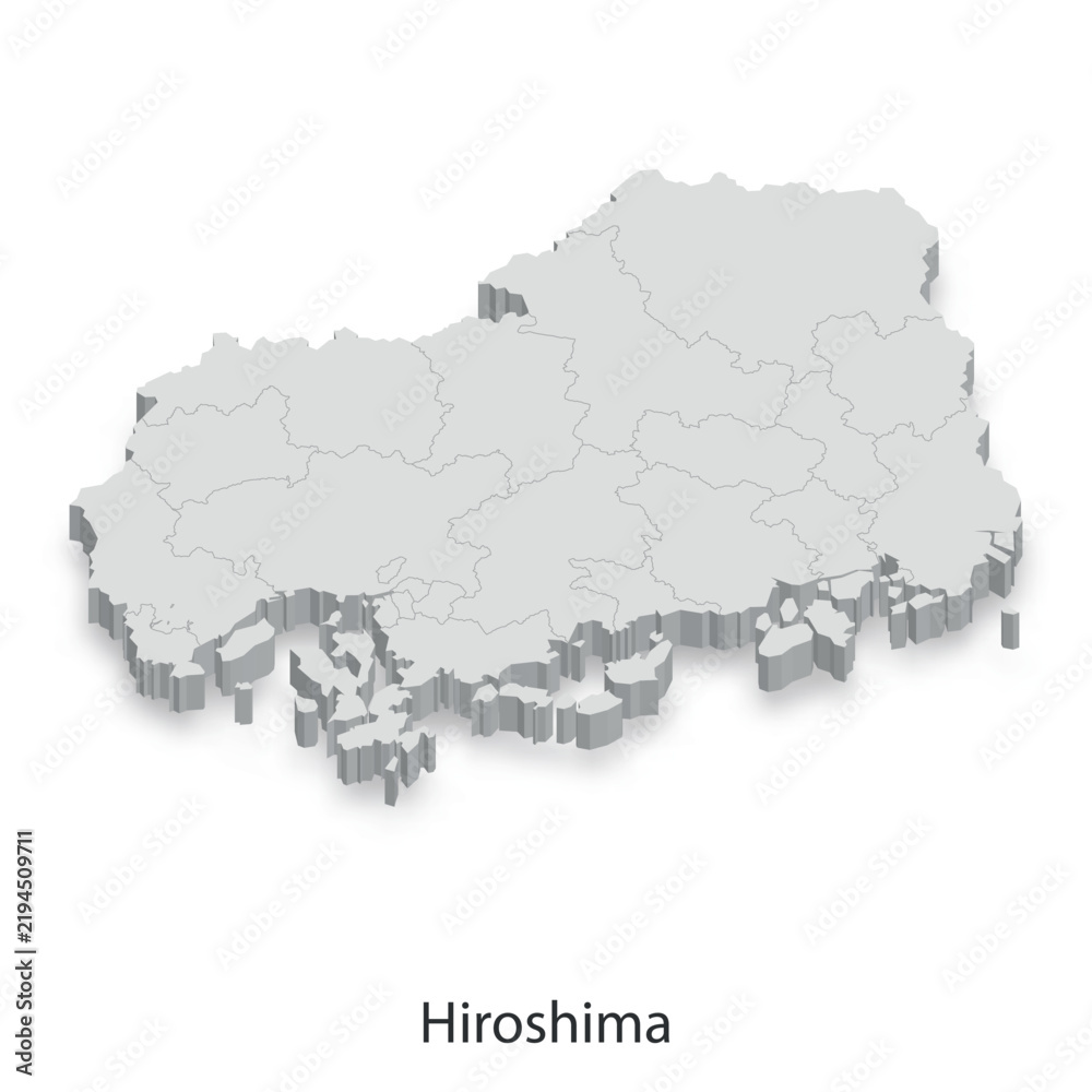 Fototapeta premium 3D Map of Hiroshima Prefecture, Japan - Administrative Divisions