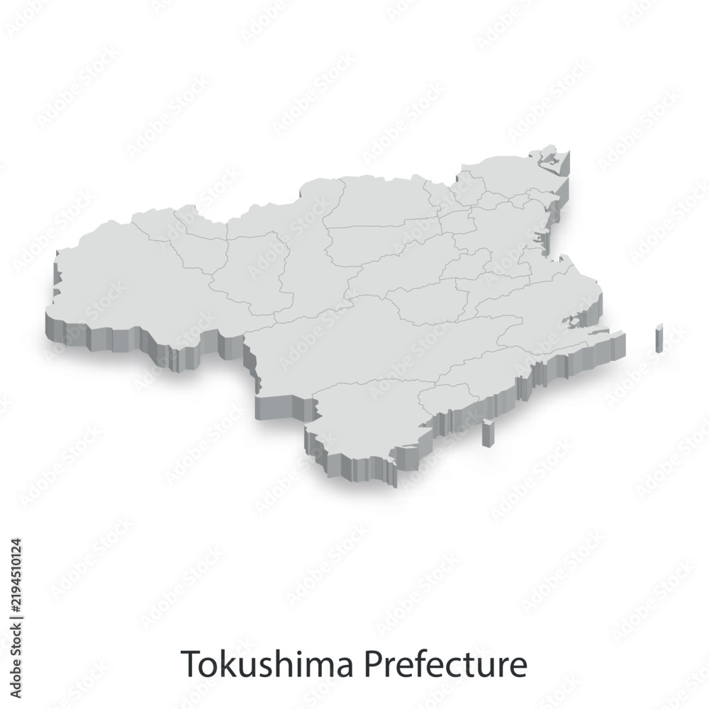 Fototapeta premium 3D Map of Tokushima Prefecture, Japan - Administrative Divisions