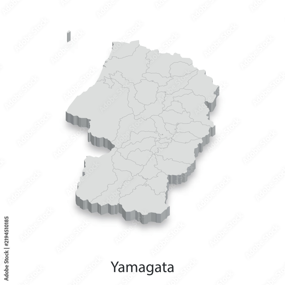 Fototapeta premium 3D Isometric Map of Yamagata Prefecture, Japan - Administrative Divisions