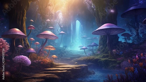 Mystical Forest Glow with Bioluminescent Fungi and Ethereal Light Rays