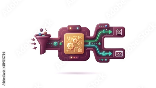 Data Processing Pipeline Funnel and Automated Workflow System 3D Isometric Icon Isolated on White Background